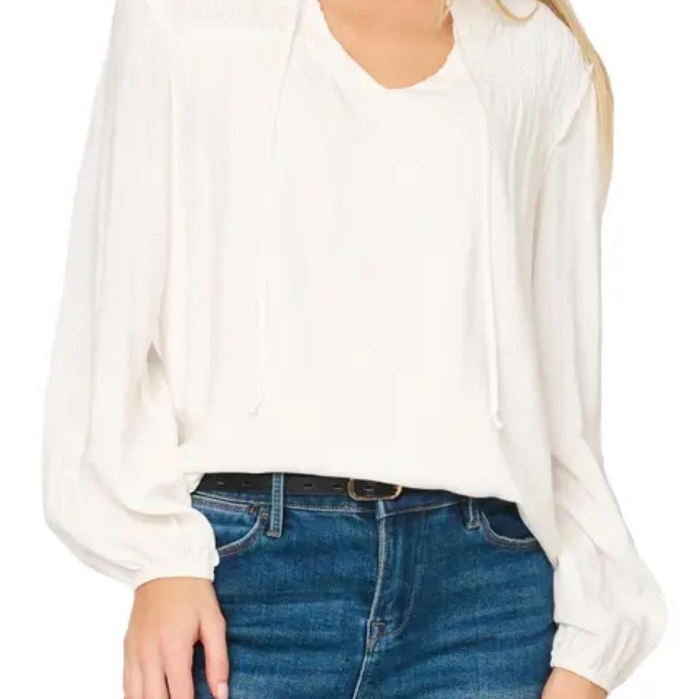 Bella Dahl Ivory White Tencel Ruffle Smocked Tie Front Blouse B4963-654 XS